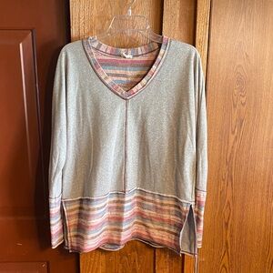 Hem & Thread Lightweight V-Neck Pullover in Sage with Multicolor Stripe Trim